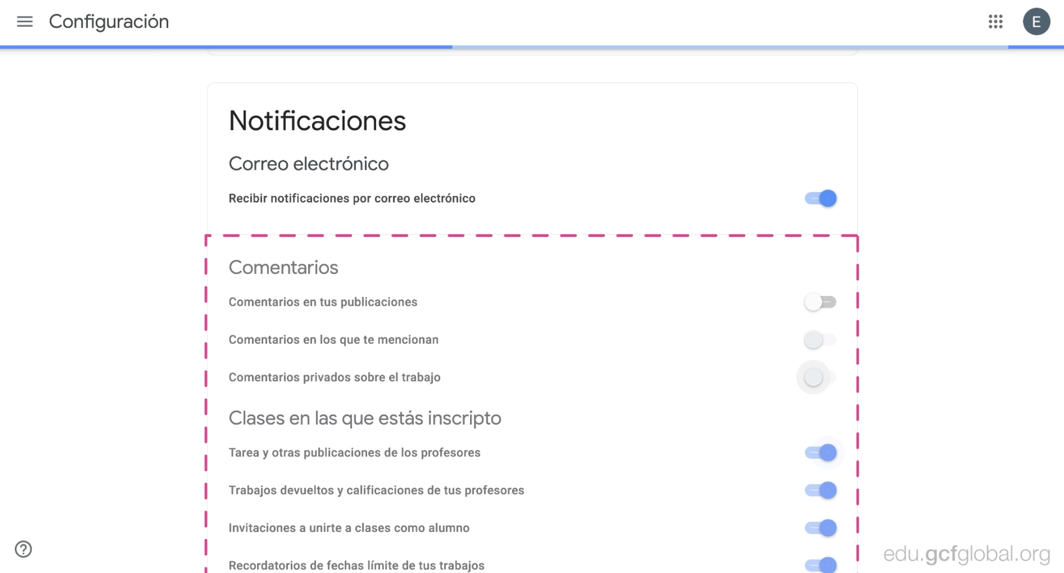 Activación/desactivación de opciones de notificaciones Google Classroom.