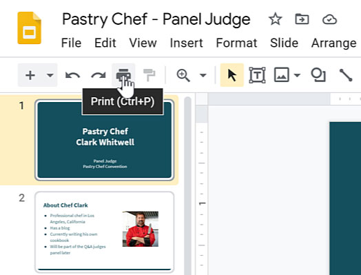 hovering over print icon on toolbar