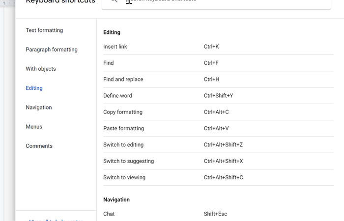 keyboard shortcuts menu list