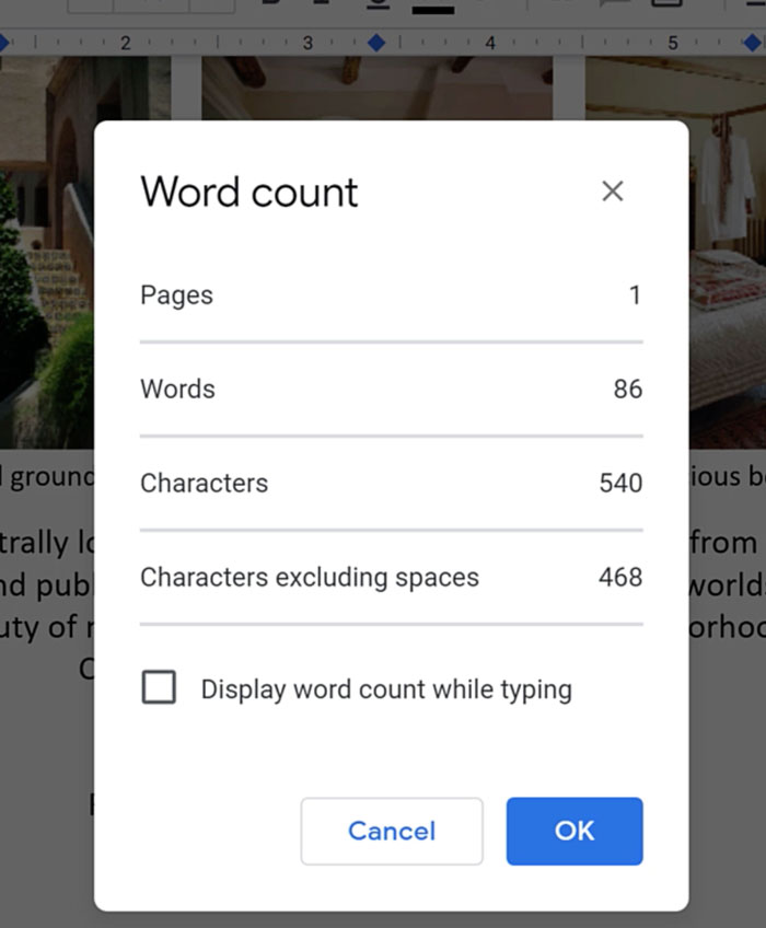 word count dialogue box