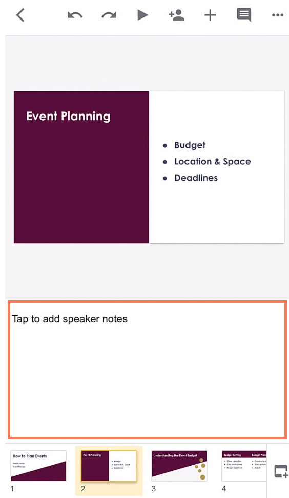 tapping the text box to add speaker notes