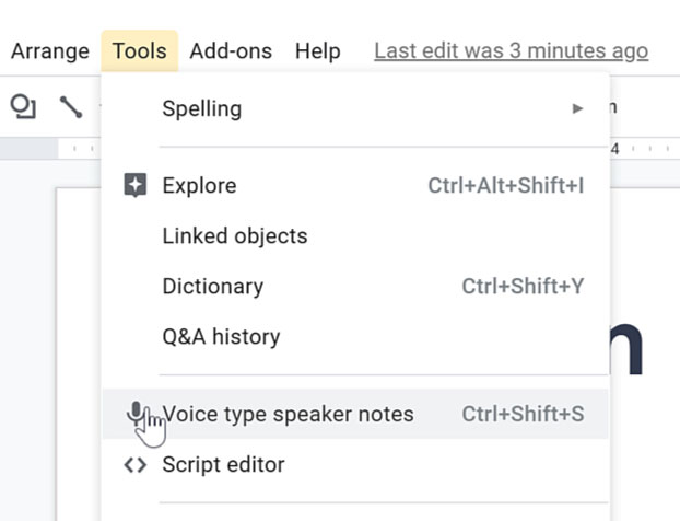 selecting voice type speaker notes from tools drop-down menu
