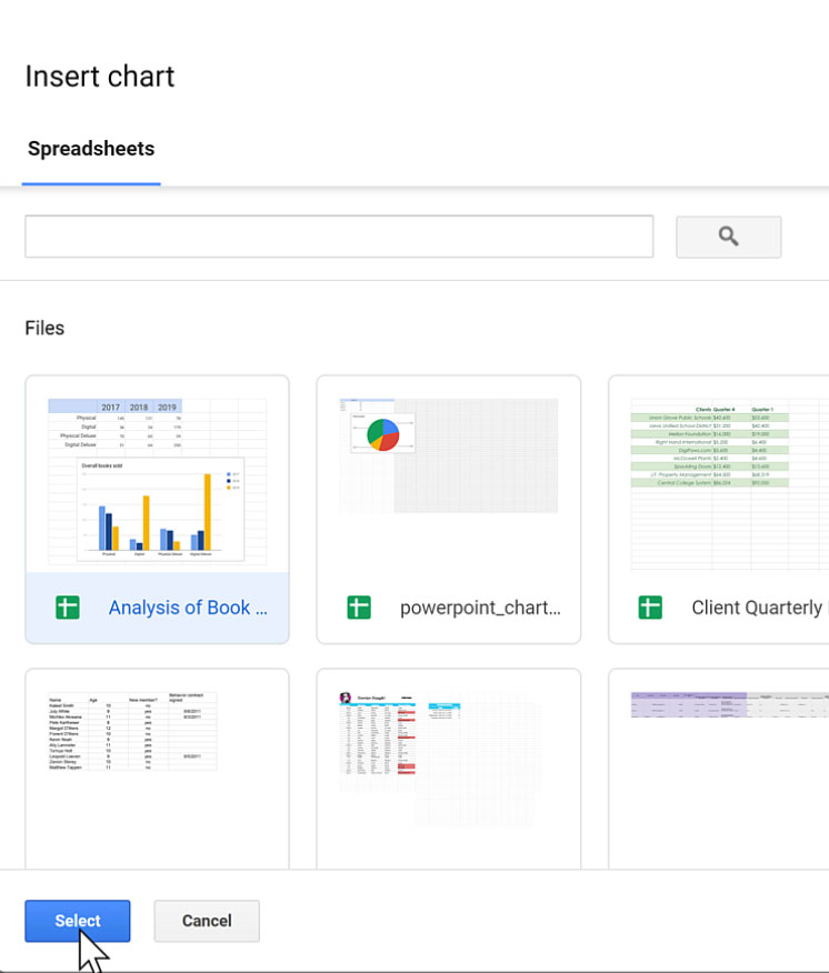 selecting the spreadsheet