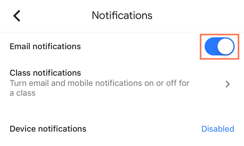 showing the toggle to turn on or off email notifications