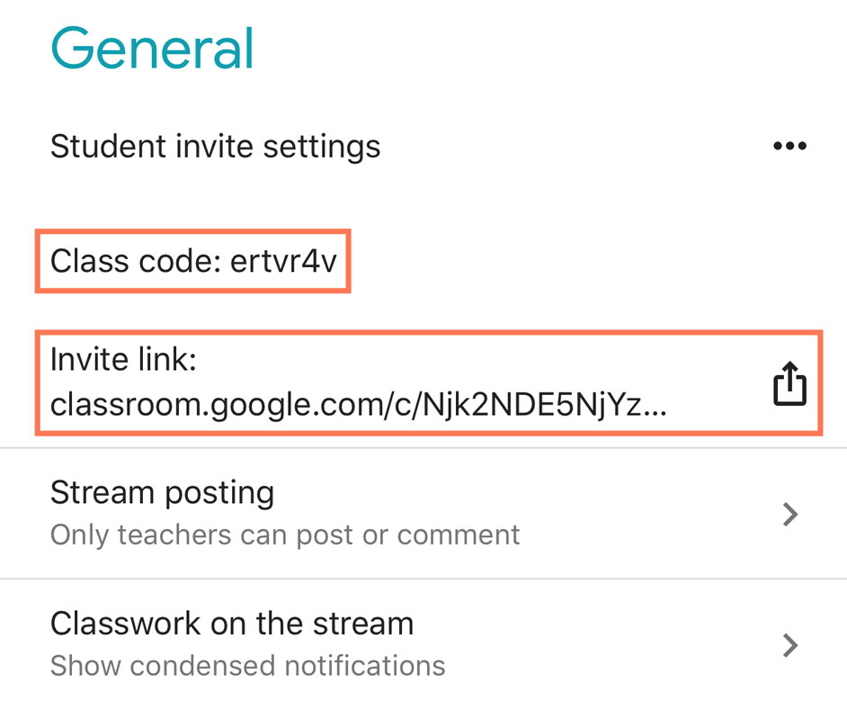sharing the class code or invite link