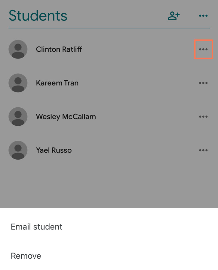 tapping the three dots to email or remove the student