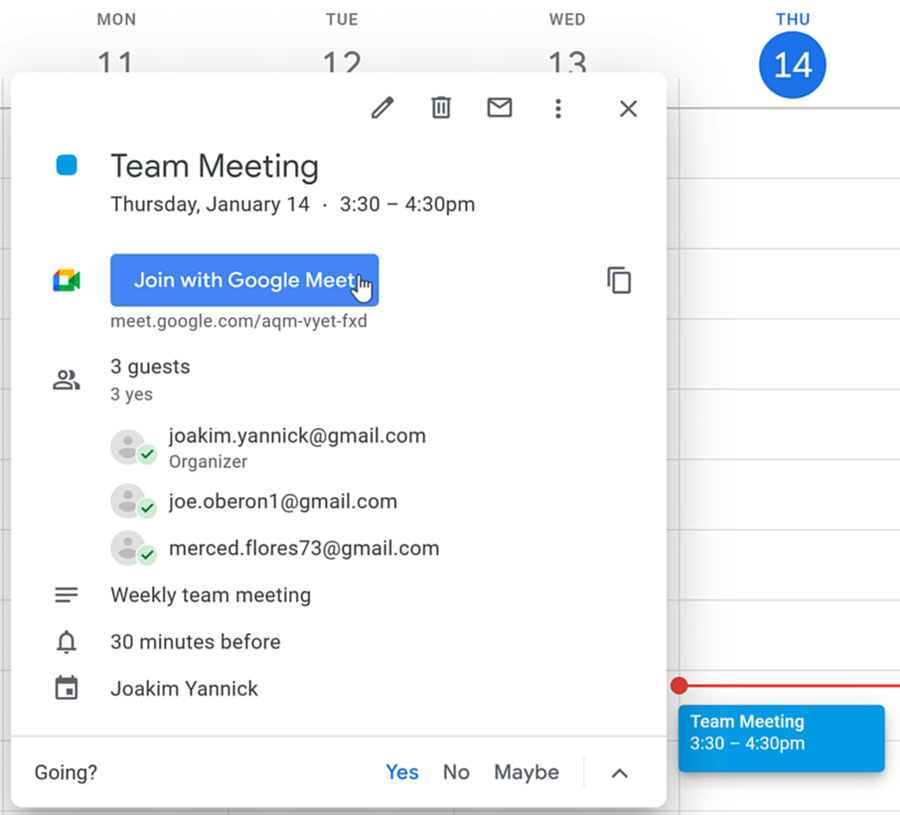 clicking the Join with Google Meet button in the event information