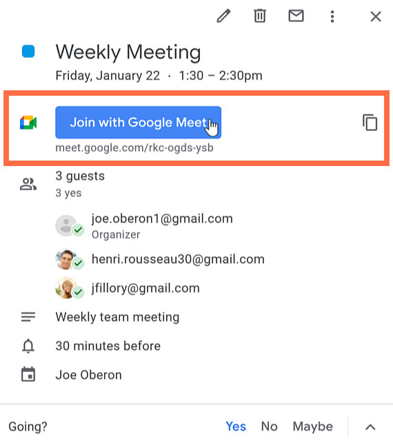زر الانضمام باستخدام Google Meet