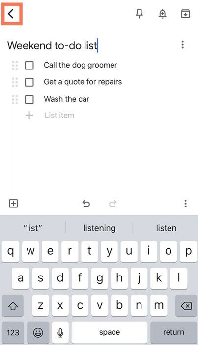 typing the checklist and title then tapping the back arrow