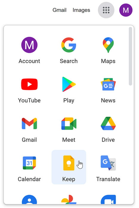 selecting Keep from the Google apps menu