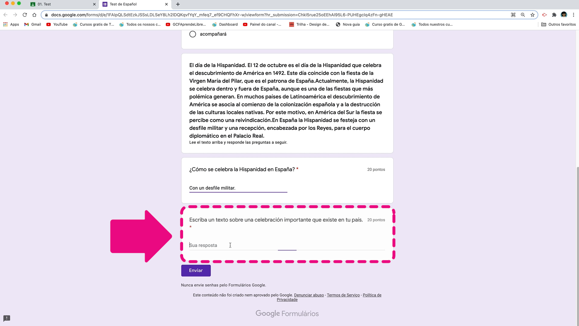 questionário elaborado no Google Forms na disciplina de Atenção