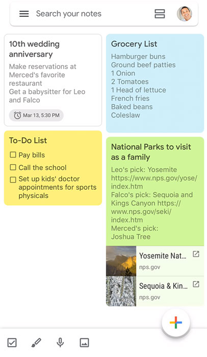example notes in Google Keep
