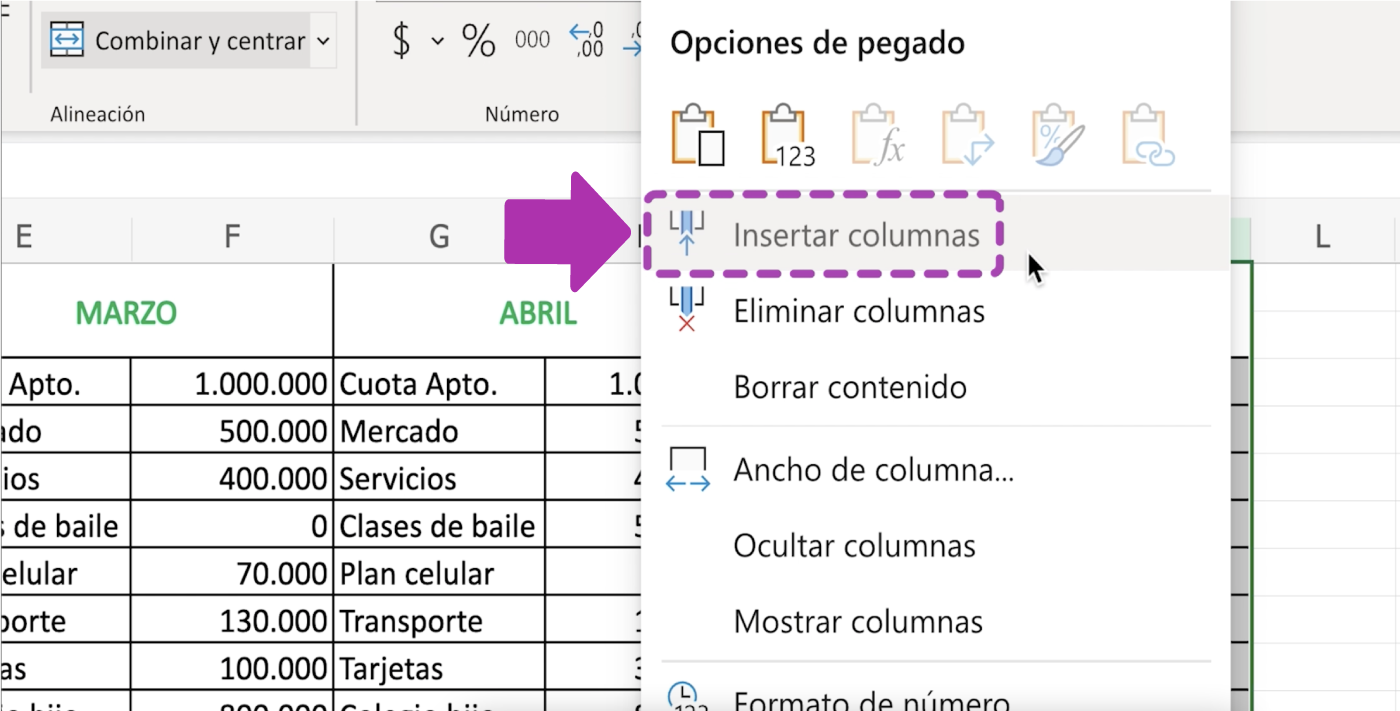 Cómo insertar columnas en Excel 365
