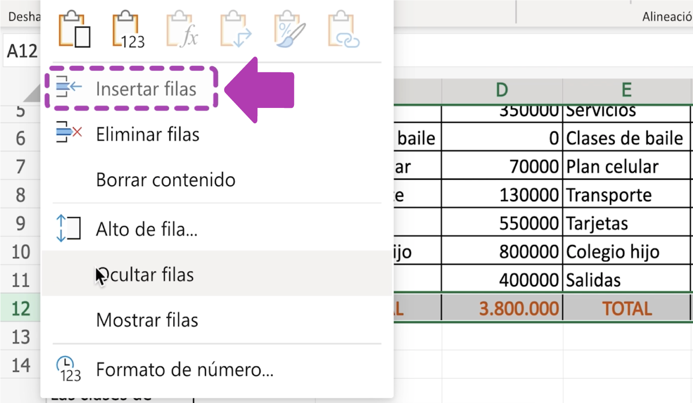 Cómo insertar filas en Excel 365