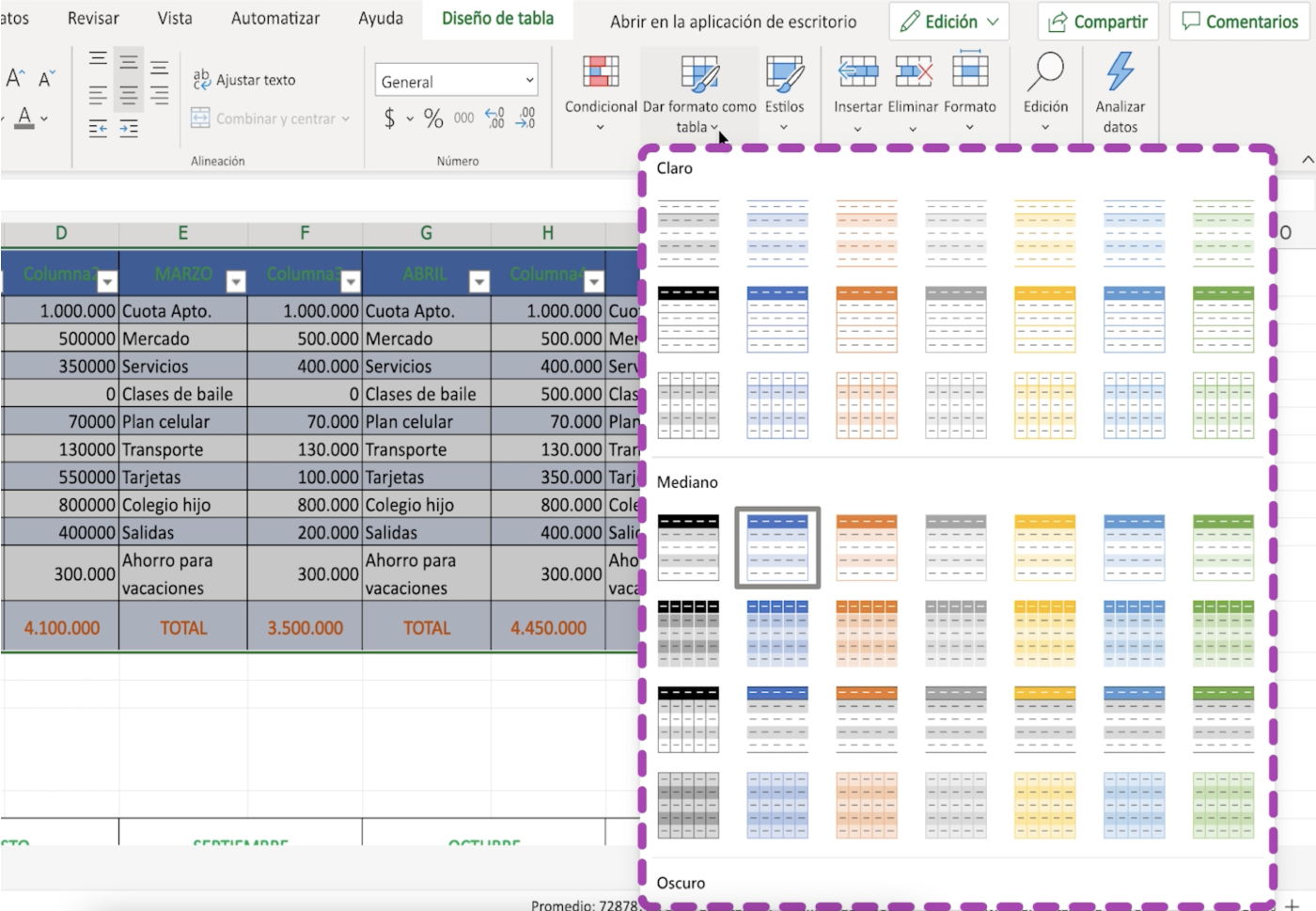 Elige un formato para las tablas en Excel 365