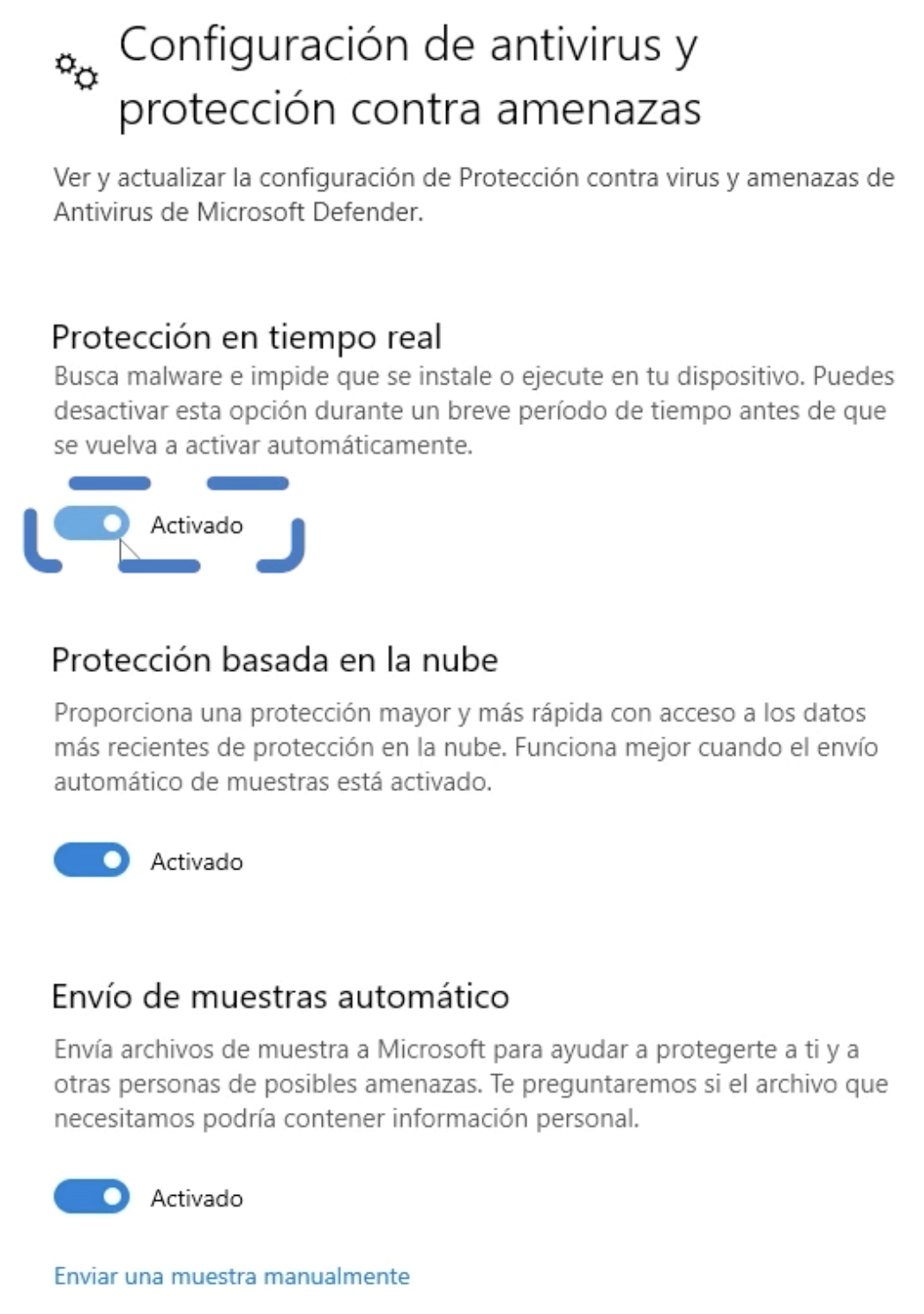 Activar o desactivar los controles de antivirus de Windows 10