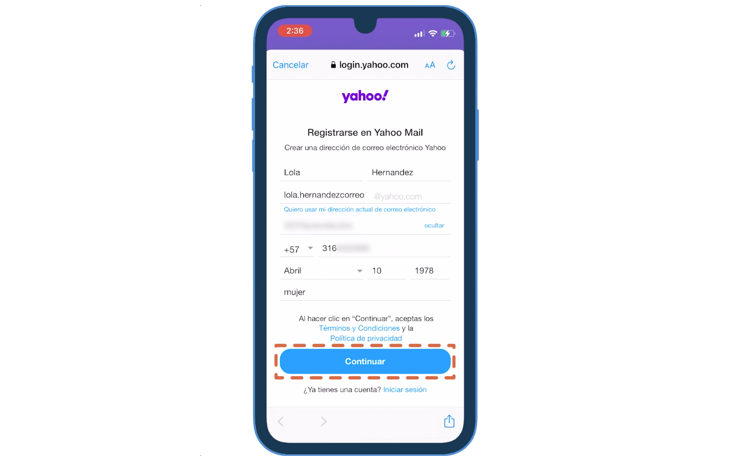 Recuerda que al pulsar Continuar estarás aceptando los términos y condiciones y la política de privacidad de Yahoo.