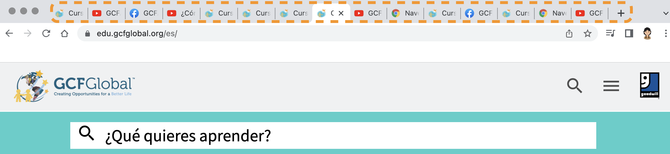 Barra de pestañas de navegación de Chrome.