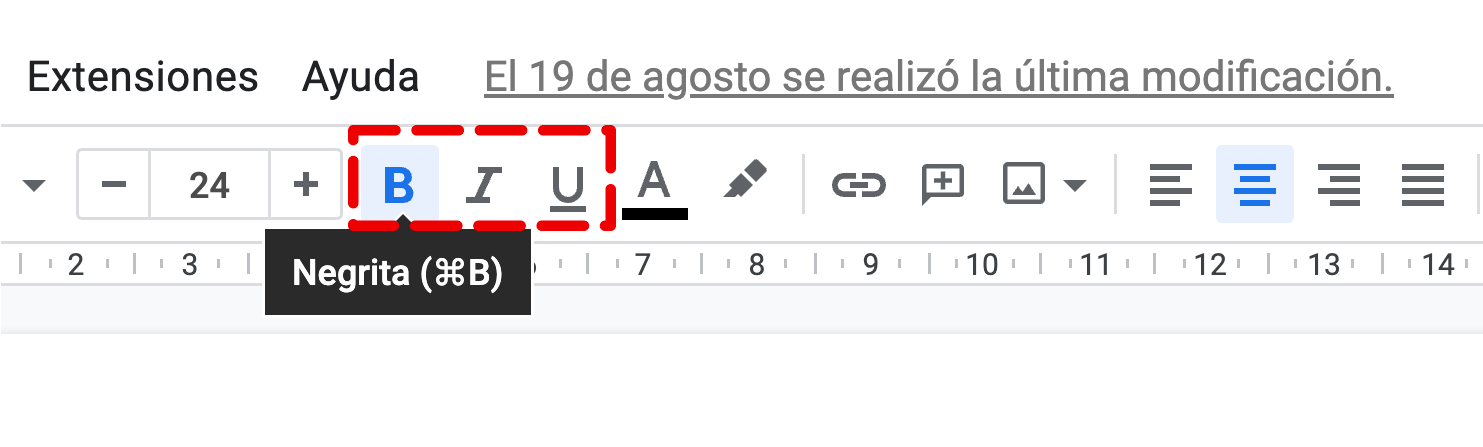 Luego, haz clic en el botón negrita (B), cursiva (I) o subrayado (U), según prefieras, que se encuentran justo al lado derecho del tamaño de fuente.