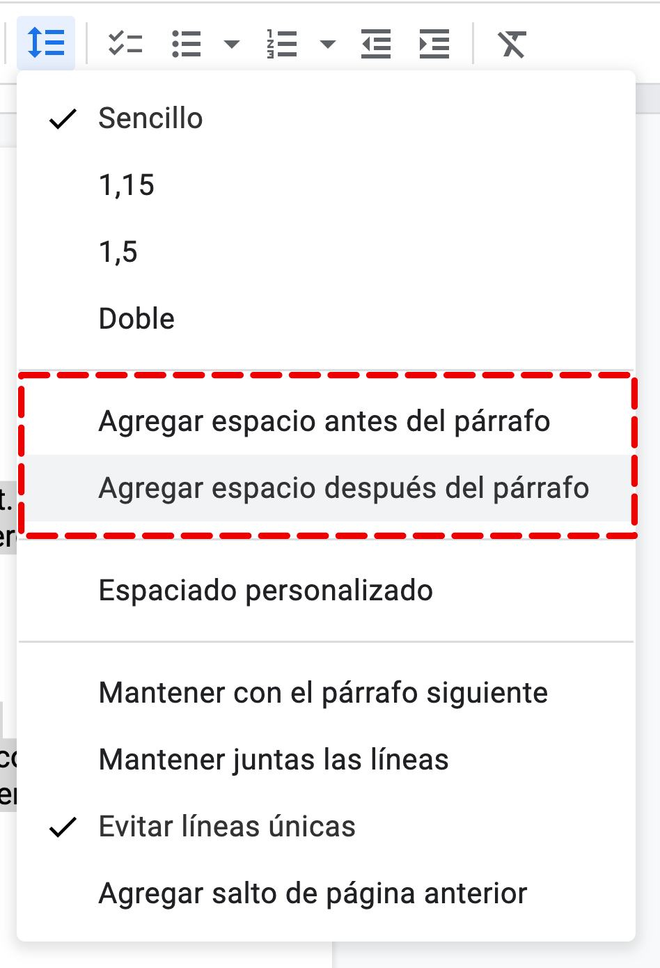 Elige entre las dos últimas opciones de espaciado: Agregar espacio antes del párrafo o agregar espacio después del párrafo. 