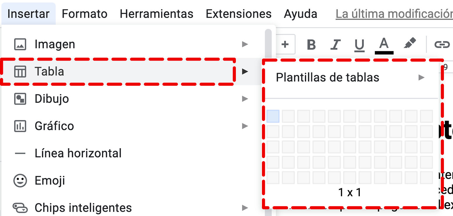 Haz clic en la pestaña Insertar y selecciona Tabla.   Con ayuda de esta cuadrícula puedes elegir cuántas columnas y filas deseas que tenga tu tabla. 