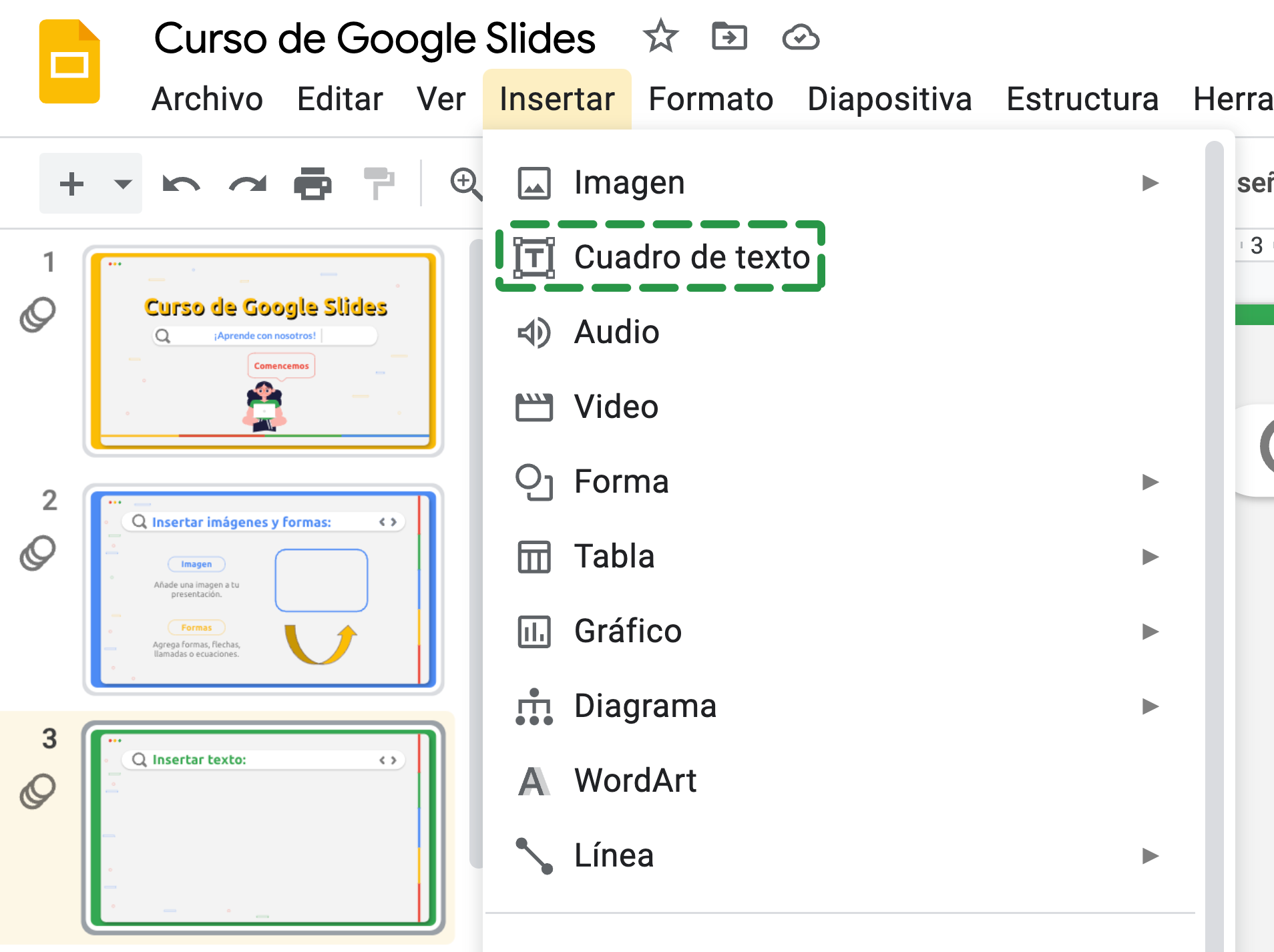 Elige la opción Cuadro de Texto y haz clic en el espacio de la diapositiva en la que deseas aparezca el texto. De inmediato aparecerá una nueva caja en la diapositiva.