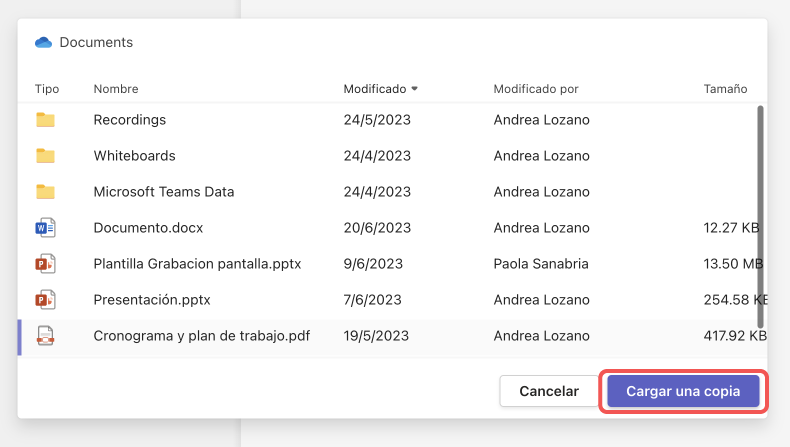 Subir y compartir archivos desde OneDrive en Microsoft Teams