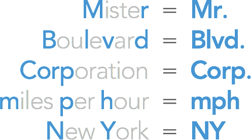 Mister = Mr. / Boulevard = Blvd. / corporation = corp. / miles per hour = mph / New York = NY