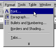 Format menu with font selected.