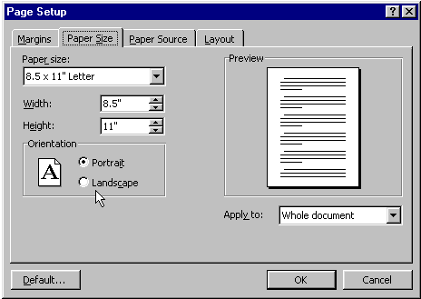 Page setup dialog box wshowing page orientation options.