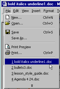 File menu with recent items