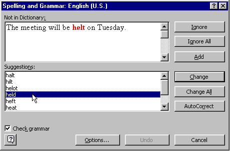 spelling and grammar dialog box