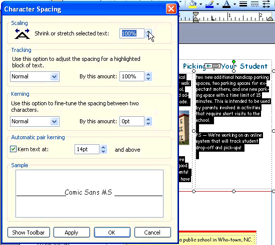 Character spacing dialog box