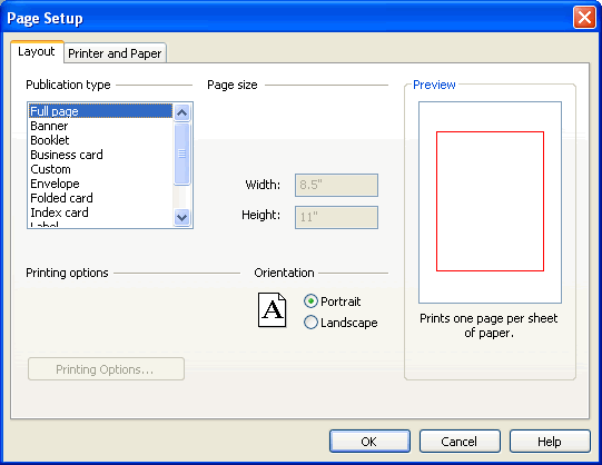 Page setup dialog box