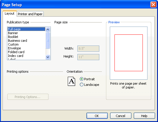 Publisher 2003: Page Setup and Print Setup Options