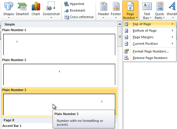 how do you format page numbers in word 2010