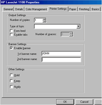 Properties dialog box with Printer Settings tab displayed