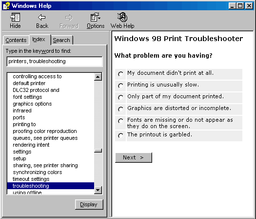 Printer TroubleShooting Selected in Windows Help