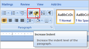 shortcut for decrease indent word 2016