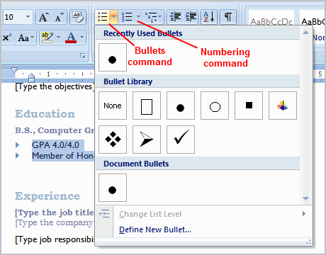 key command for bullet point word