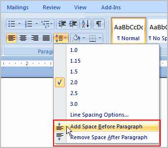 how to give paragraph spacing in word 2007