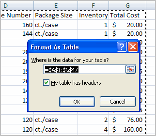 Format as Table Dialog Box