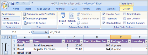 Table tools design tab