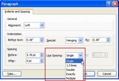 Line Spacing Options in Dialog Box