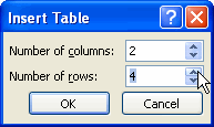 Insert Table Dialog Box