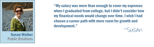 My salary was more than enough to cover my expenses when I graduated from college, but I didn't consider how my financial needs would change over time. I wish I had chosen a career path with more room for growth and development.-Susan