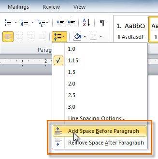 how to change the default paragraph spacing in word 2010