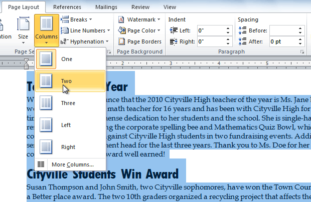 Adding columns in Microsoft Word 2010