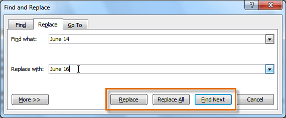 The Find and Replace dialog box