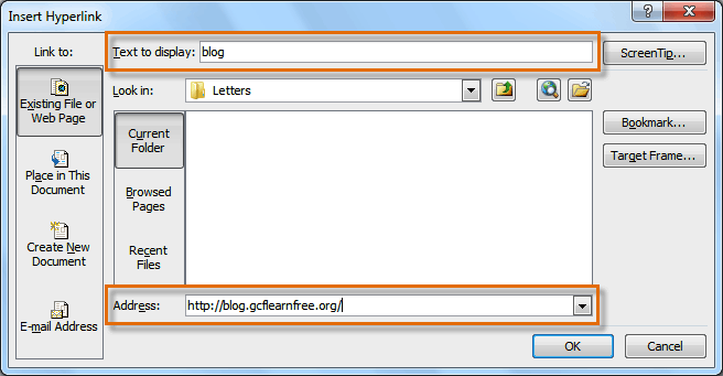 The Insert Hyperlink dialog box